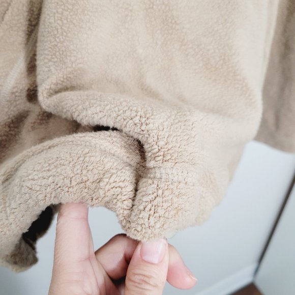 Fleece Sherpa Hoodie Oversized Sweater Khaki Tan Sweatshirt Cinch Waist Kangaroo - Picture 4 of 12